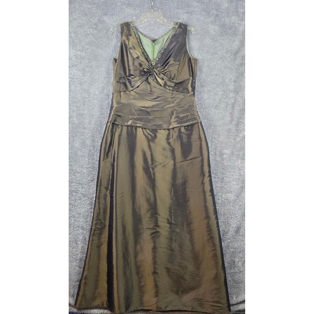 Jade by Jasmine Iridescent Bronze Sage Green Beaded V-Neck Formal Gown Dress 14
